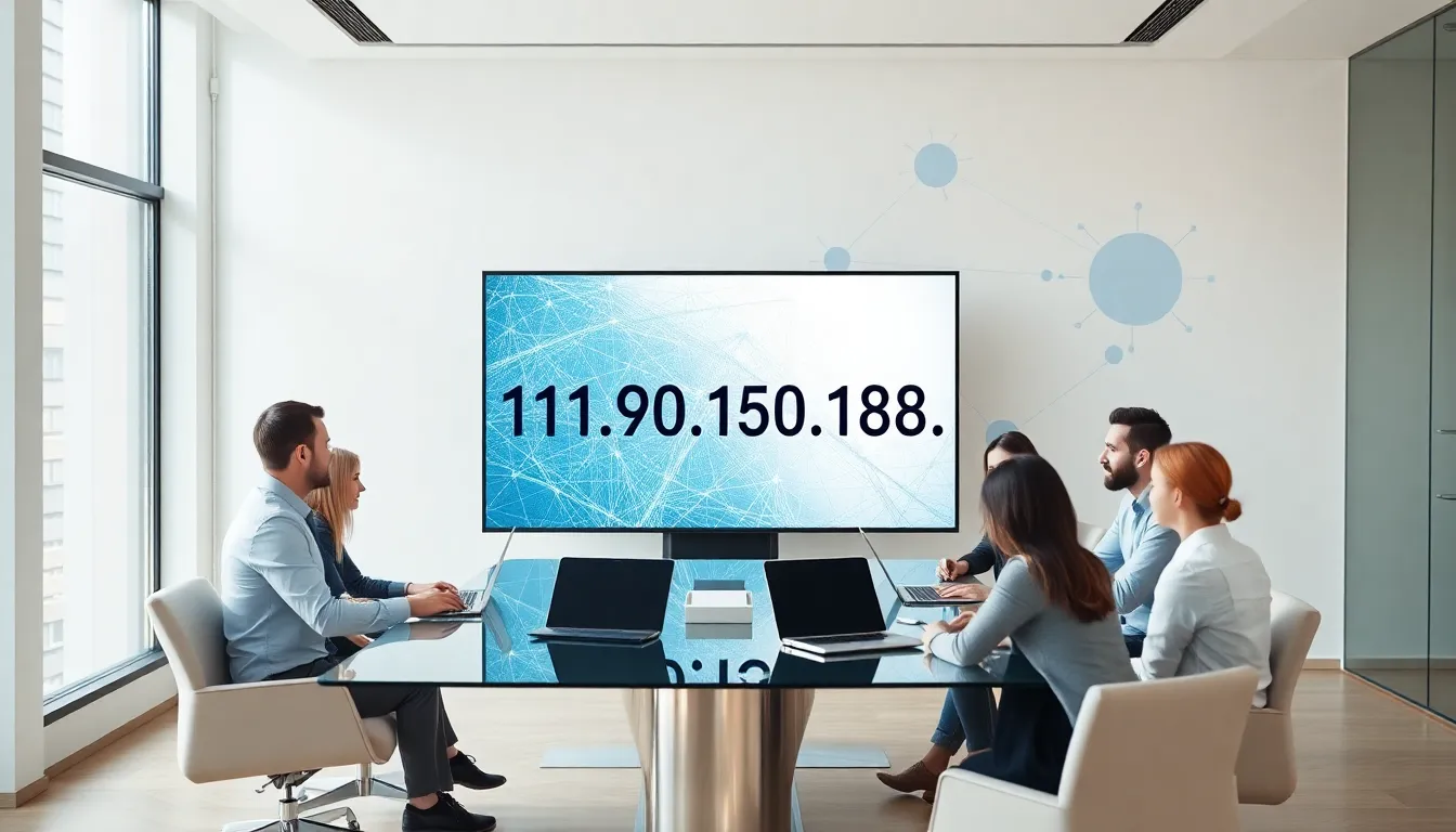 professionals collaborating on IP address concepts in a modern office.