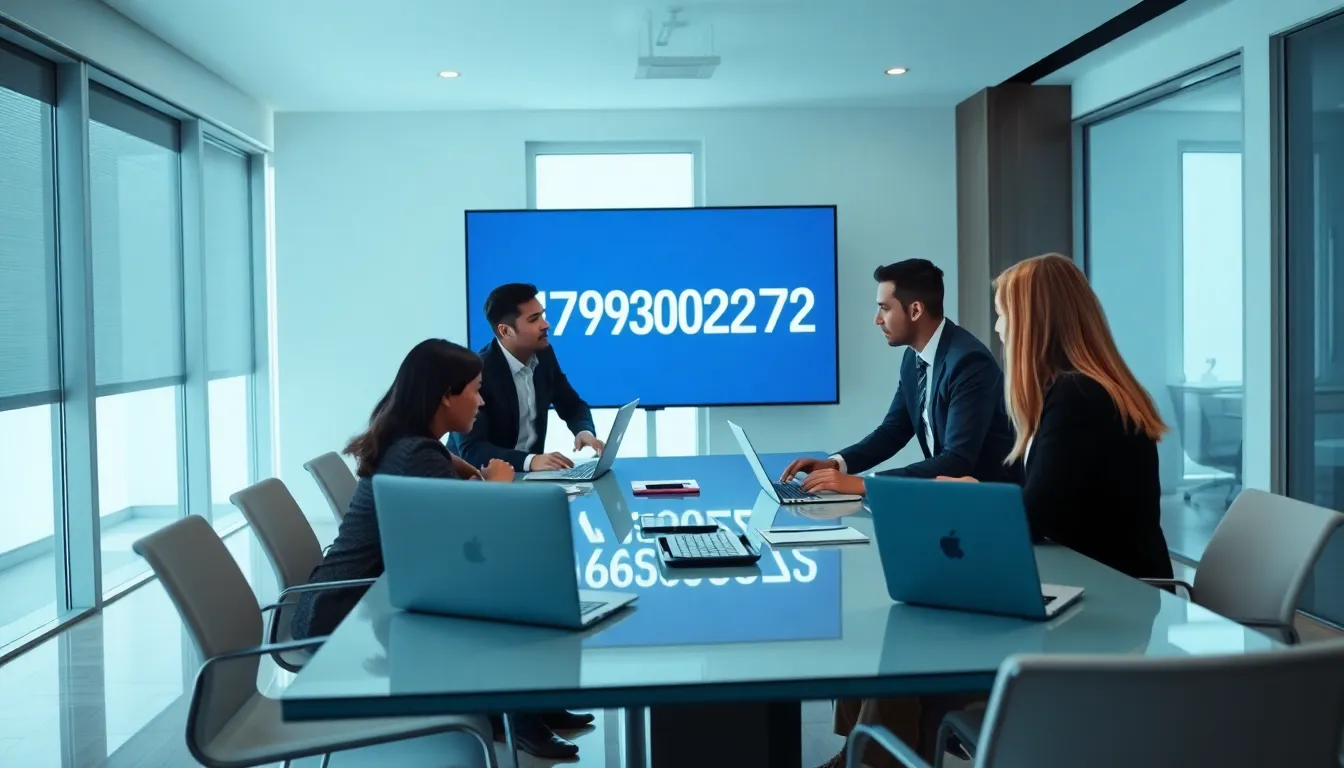 professionals discussing a significant number in a modern office.