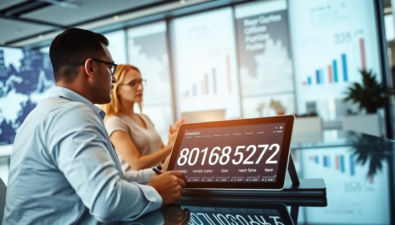 professionals discussing data in a modern office setting.